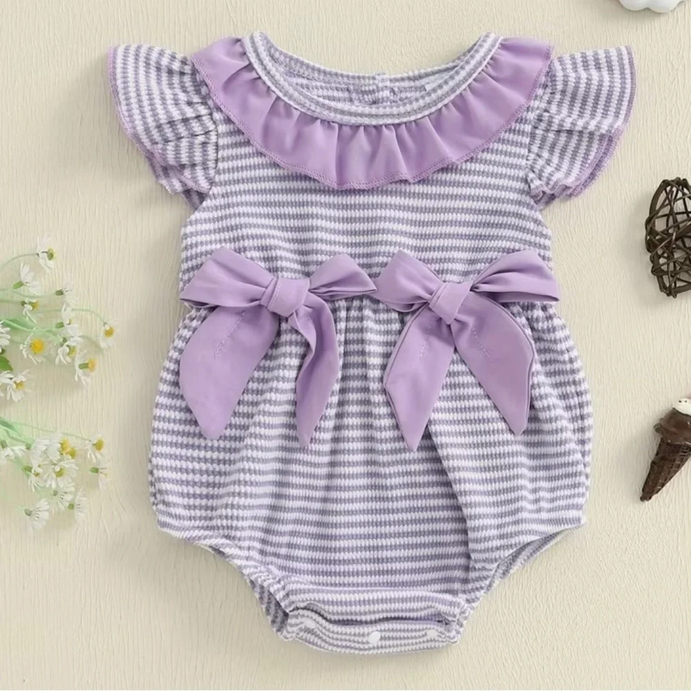 Adorable Purple Striped Bow Baby Girl Bubble Romper 12-18 Months
